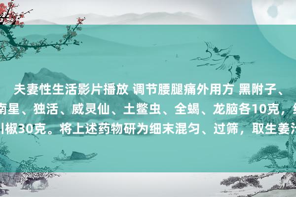 夫妻性生活影片播放 调节腰腿痛外用方 黑附子、肉桂、干姜、川芎、胆南星、独活、威灵仙、土鳖虫、全蝎、龙脑各10克，细辛6克，红花15克，川椒30克。将上述药物研为细末混匀、过筛，取生姜汁或黄酒调成膏状敷于患处，隔日一换。连用14